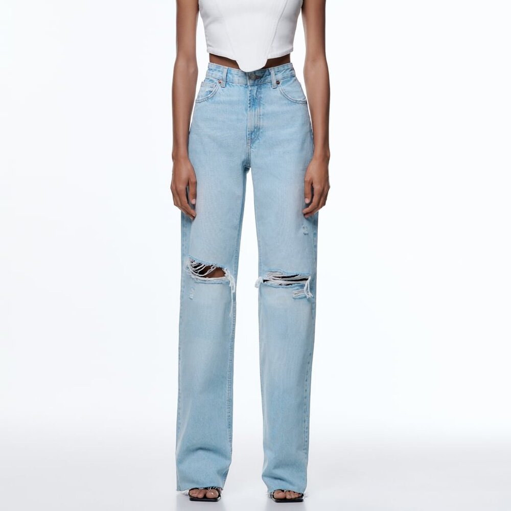 Zara Light Blue Distressed Wide-Leg Jeans